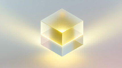 Translucent glass cube with glowing yellow core on reflective surface, pastel background. Ideal for tech, energy, or futuristic design concepts.
