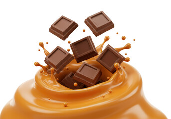 Isolated Chocolate Pieces Soaring Over a Swirl of Delicious Caramel, Confectionery Sweet Treat