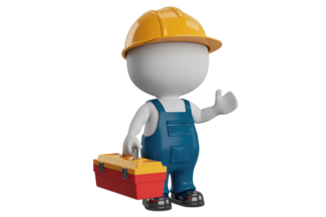 A 3D rendered image of a faceless worker in overalls, helmet, holding toolbox, gesturing welcome. background removed