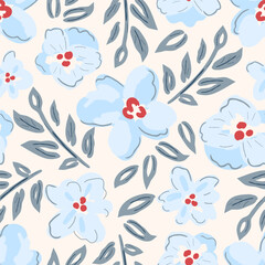 Delicate floral vector seamless pattern. Blue flowers, leaves on a light background. For fabric prints, textile products, clothing.