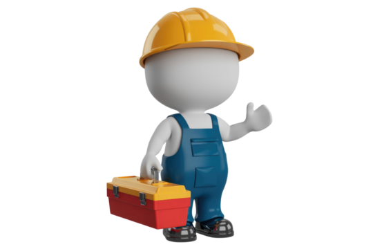 A 3D rendered image of a faceless worker in overalls, helmet, holding toolbox, gesturing welcome. background removed - Powered by Adobe