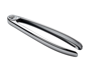 Sleek, polished chrome nutcracker with gently curved, elongated arms and a smooth, rounded design