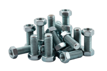 A pile of metallic bolts and nuts, close-up view, isolated on transparent background. background removed