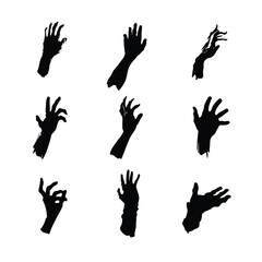Fototapeta premium Collection of diverse human hand reaching silhouettes in various poses isolated on white background silhouette