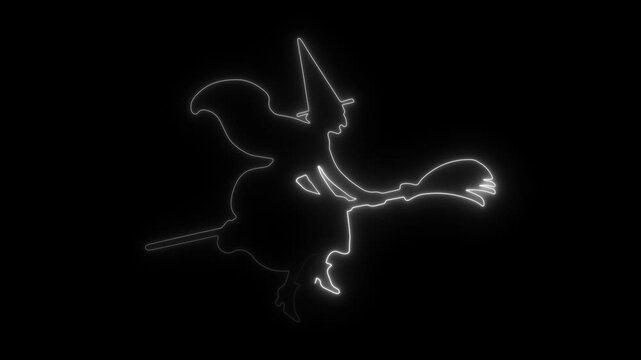 Halloween witch. Neon silhouette. Flying broomstick. Spooky glow art. Digital illustration.  Wicked design.  October decor.  Magical outline.  Black and white.  Costume party vibe.
