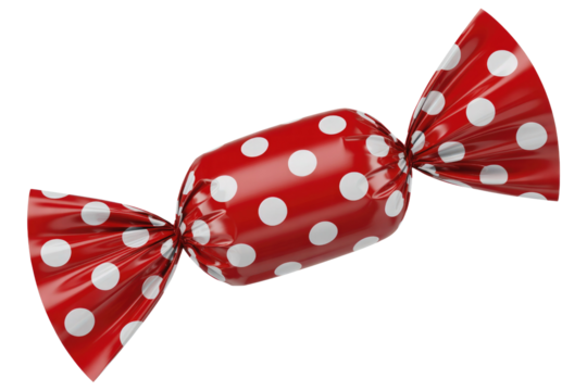 Red candy wrapped in white polka dot packaging, isolated on transparent background. background removed