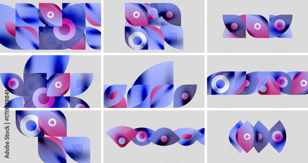 Poster abstract shapes, blue, purple hues. overlapping forms create dynamic compositions. minimalist design