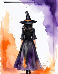 Minimalist abstract Background to halloween, young woman in a witch costume view from the back, copy space, watercolor illustration