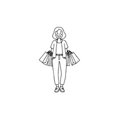 Black and white line art of a beautiful happy woman carrying shopping bags minimalist cheerful illustration