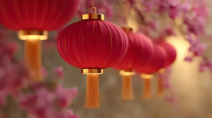 赤い提灯の列とピンク色の花ぼかし背景