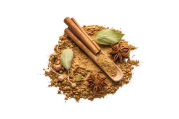 Aromatic spices and herbs arranged on a pile of ground spice, creating a visually appealing composition. background removed