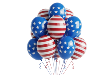 A bunch of red, white, and blue balloons decorated with stars and stripes, perfect for celebrating Independence Day. background removed