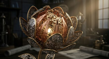 Intricate Steampunk Flower Sculpture with Gears and Ornate Metal Detailing