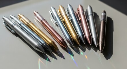 Metallic Pens Arrayed on a Reflective Surface with Rainbow Light Refraction