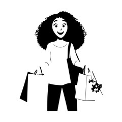 Black and white line art of a beautiful happy woman carrying shopping bags minimalist cheerful illustration