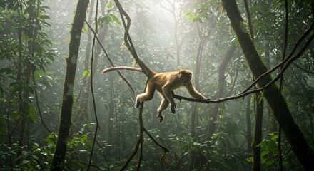 Golden Langur Monkey Leaping Through Misty Rainforest Canopy in Breathtaking Jungle Habitat