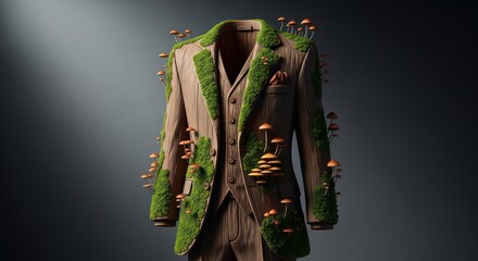 Wooden Suit Covered in Moss and Mushrooms, Surreal Fashion Design