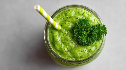 Healthy Green Smoothie with Parsley Garnish in a Glass Jar with Straw