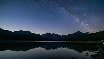 Night Sky Reflection Over Mountain Lake Landscape.