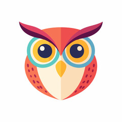 Stylized owl stares intently with bright colors and geometric shapes against a white backdrop, creating a modern and playful image.