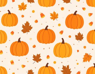 Seamless pattern with pumpkins, maple leaves, and candy corn in orange, brown, and yellow tones, minimal flat design, repeatable background.