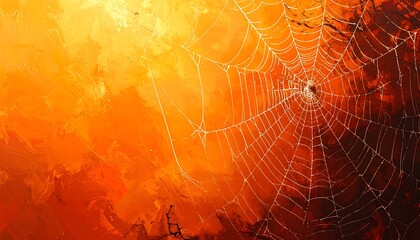 Dew-kissed spiderweb against a fiery sunset backdrop