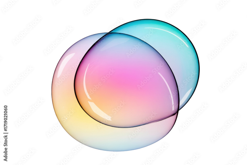 Wall mural abstract image of two iridescent, overlapping bubbles with a pastel color gradient. background remov