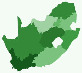 Map of South Africa with regions. Just a simple country border map with region division. Green color palette. Flat South Africa shape with administrative division. Vector illustration.