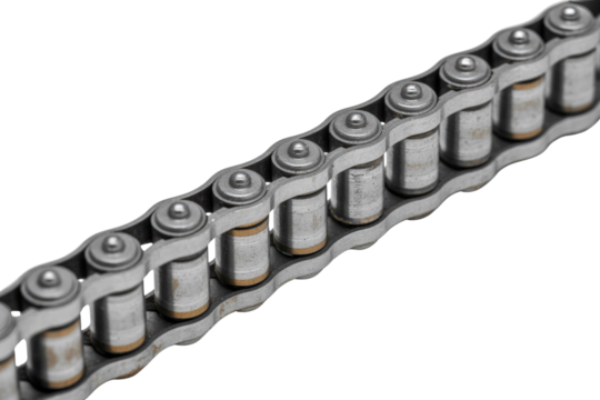 Close-up view of a metallic chain, showcasing its intricate links and components. background removed