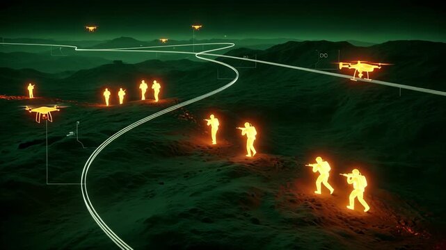 Futuristic military operation unfolds with drone surveillance and ground troops navigating terrain, creating a dynamic scene of tactical deployment