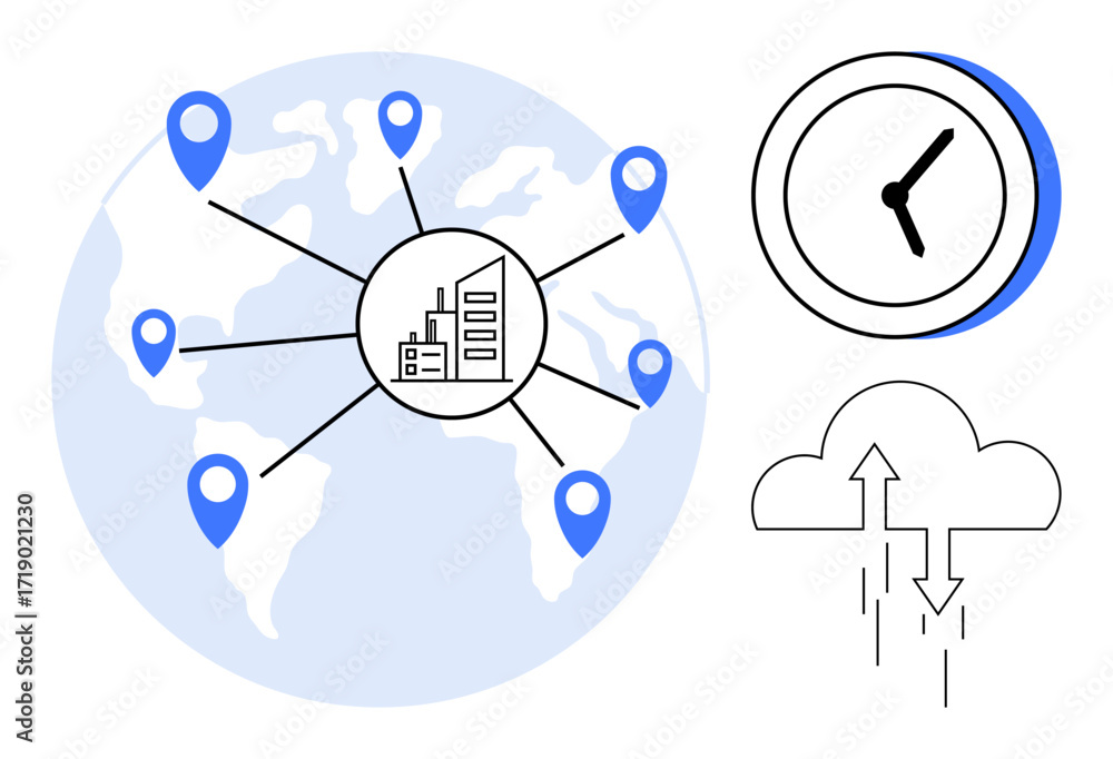 Poster world map with geolocation pins around a central headquarters, clock showing time, and cloud with ar