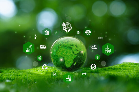 Green earth with icon for ESG, Environment Social and Governance.Concept of World sustainable environment, Save our Planet, World Environment Day, World Earth Day, Climate change, co2 and net zero.