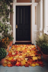 Fototapeta premium Autumn leaves scattered on a porch with elegant black door and potted plants. concept of autumn home decor