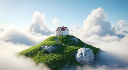 Dream home perched atop lush green hill surrounded by ethereal clouds