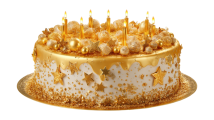 Big golden New Year cake decorated with golden stars and candles. Happy New Year 2026. Winter holiday isolated on a white background