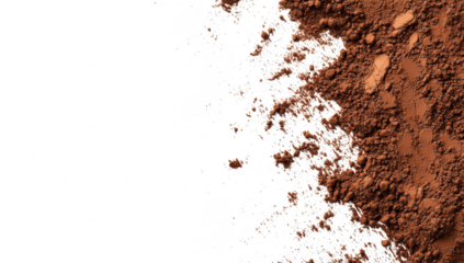 A close-up view of rich. brown cocoa powder spilling across a white surface. highlighting the texture and color contrast. suitable for culinary or baking-related content