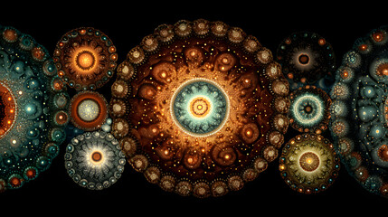 A seamless abstract pattern of colorful fractals, glowing in infinite loops