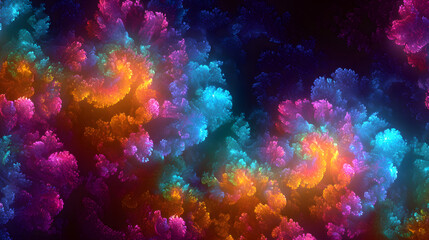 A seamless abstract pattern of colorful fractals, glowing in infinite loops