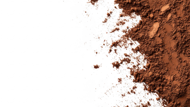 A close-up view of rich. brown cocoa powder spilling across a white surface. highlighting the texture and color contrast. suitable for culinary or baking-related content
