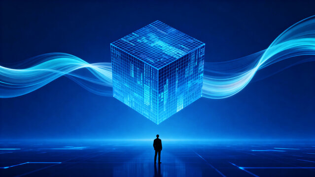 Person and digital cube in blue