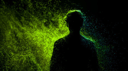 A silhouette dissolving into neon particles