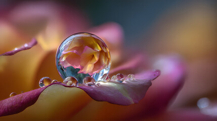 A single dewdrop on a rose petal at dawn, reflecting the surrounding garden like a tiny crystal world, ultra-realistic macro