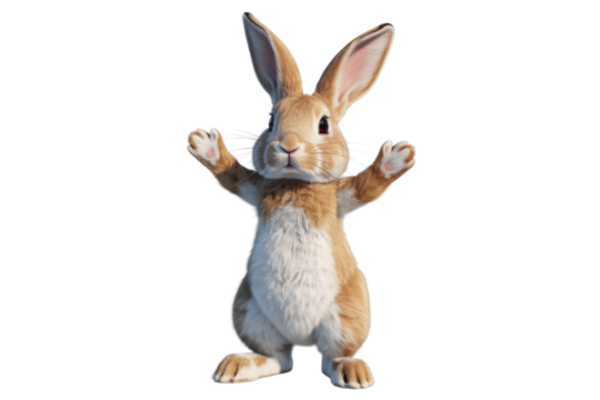 Adorable 3D render of a cute brown bunny rabbit with paws up, welcoming. background removed