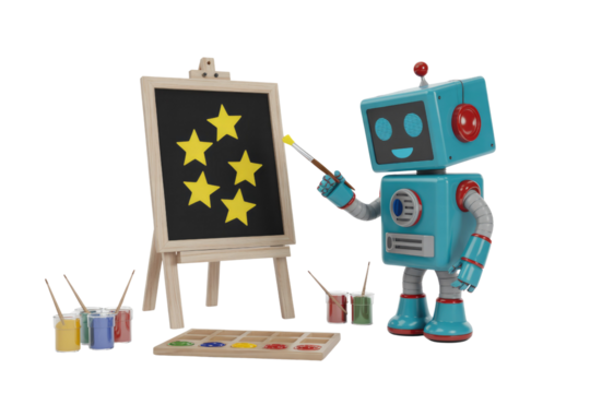 A cute robot artist paints yellow stars on a black chalkboard easel. background removed