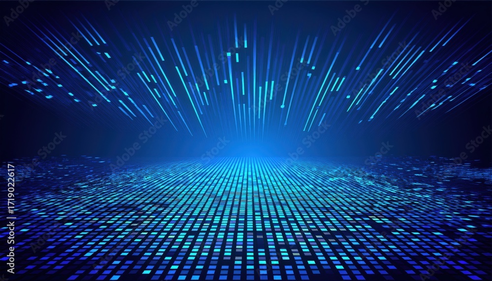 Poster abstract digital data grid with glowing blue squares representing futuristic technology and virtual 