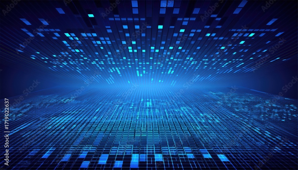 Poster abstract digital data grid with glowing blue squares representing futuristic technology and virtual 