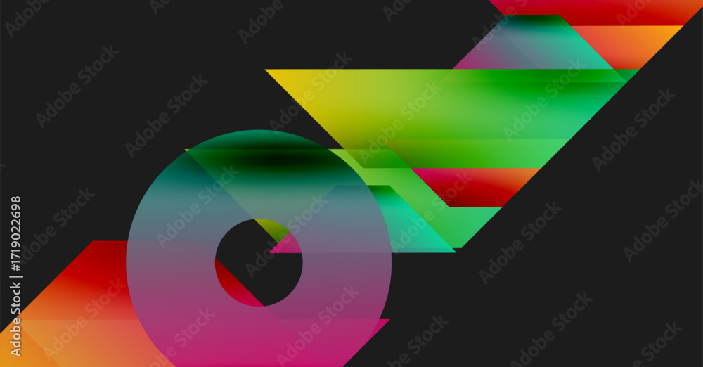 Poster abstract geometric shapes overlap, creating vibrant color gradients. design features diagonal lines,
