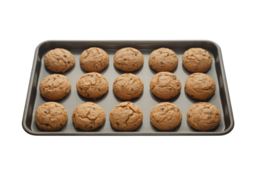 A baking sheet filled with twelve golden-brown chocolate chip cookies, ready to be enjoyed. background removed