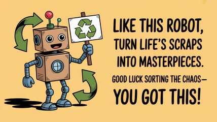 Humorous robot embraces recycling and shares an uplifting message about transforming scraps into creativity. National Recycling Day and Week,  America Recycles Day