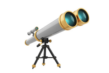 A 3D render of a classic refracting telescope on a tripod, ready for celestial observation. background removed